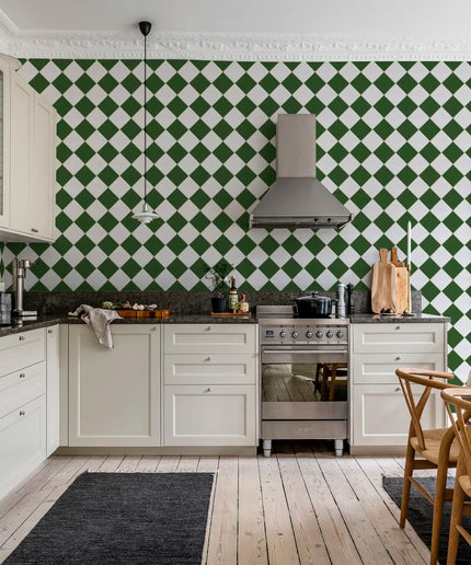 Flizelininiai tapetai, Checkered Tiles, White &amp; Green - R18551