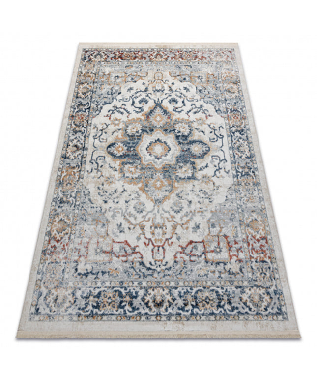DISTIN 0834A tamsiai mėlyna / mėlyna / geltona / terakota modernus kilimas - Ornamentas, vintažinis, kutais