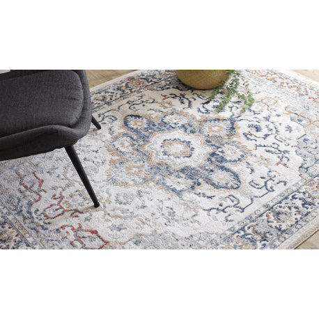 DISTIN 0834A tamsiai mėlyna / mėlyna / geltona / terakota modernus kilimas - Ornamentas, vintažinis, kutais