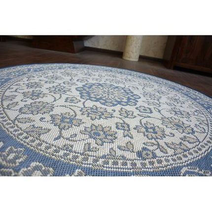 Kilimas Apskritas kilimas sizalio virvelės FLAT 48691/591 vitražas GĖLĖS mėlyna
