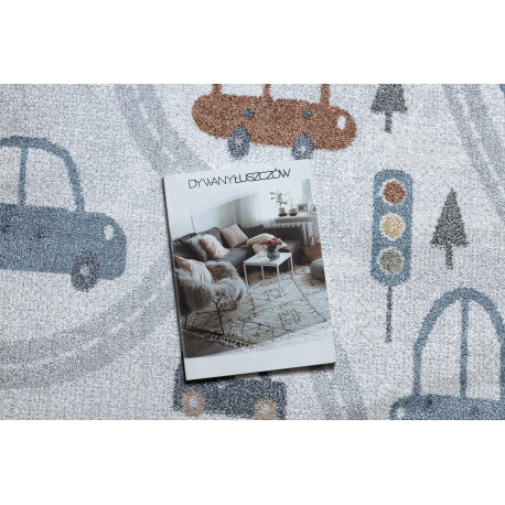 Kilimas BONO 8436 krog Automobiliai, gatve kremas / šviesiai pilka
